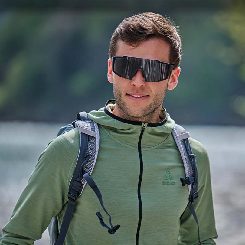 A man wearing a hiking hoodie