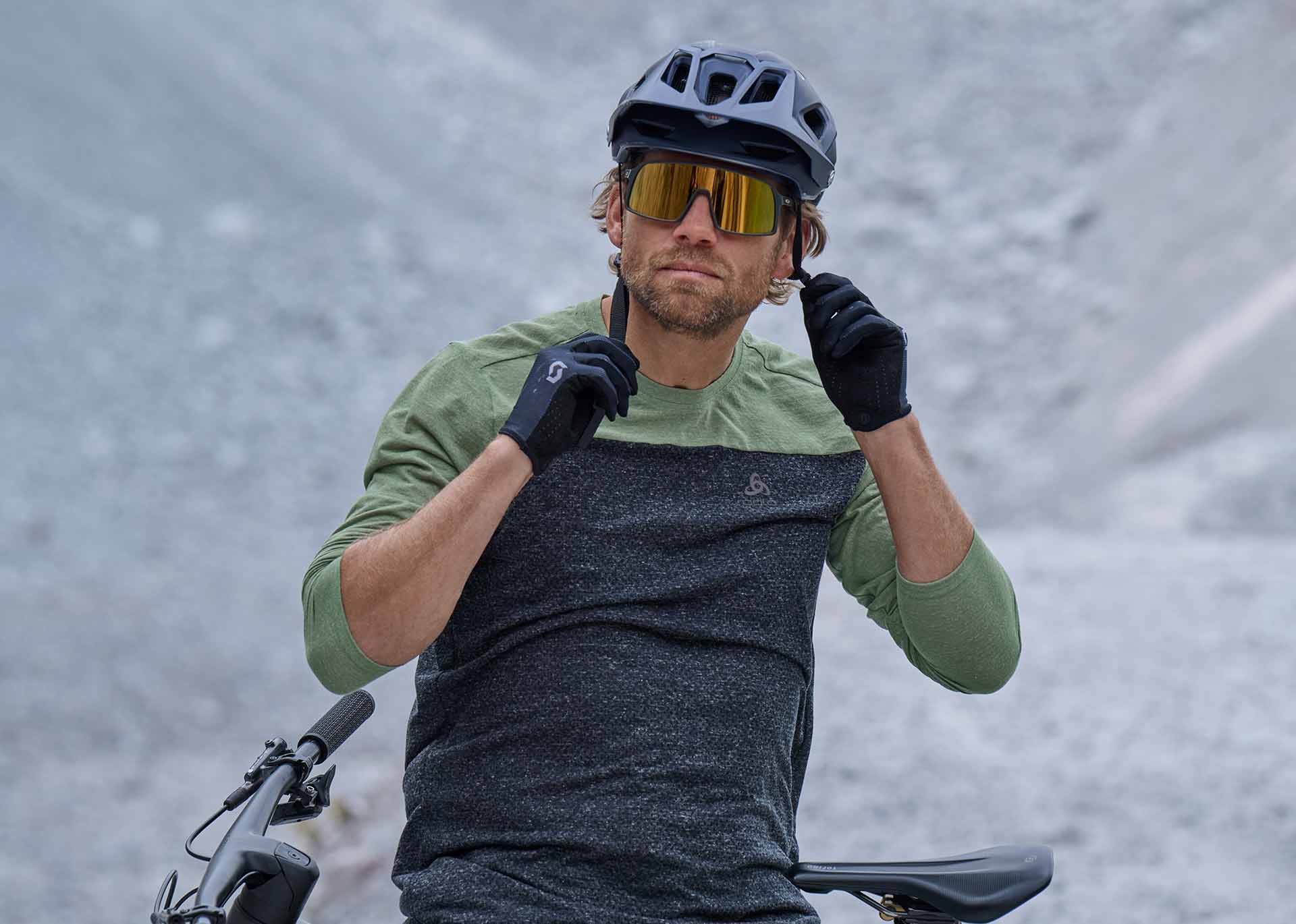 A man in ODLOS new mountain biking gear