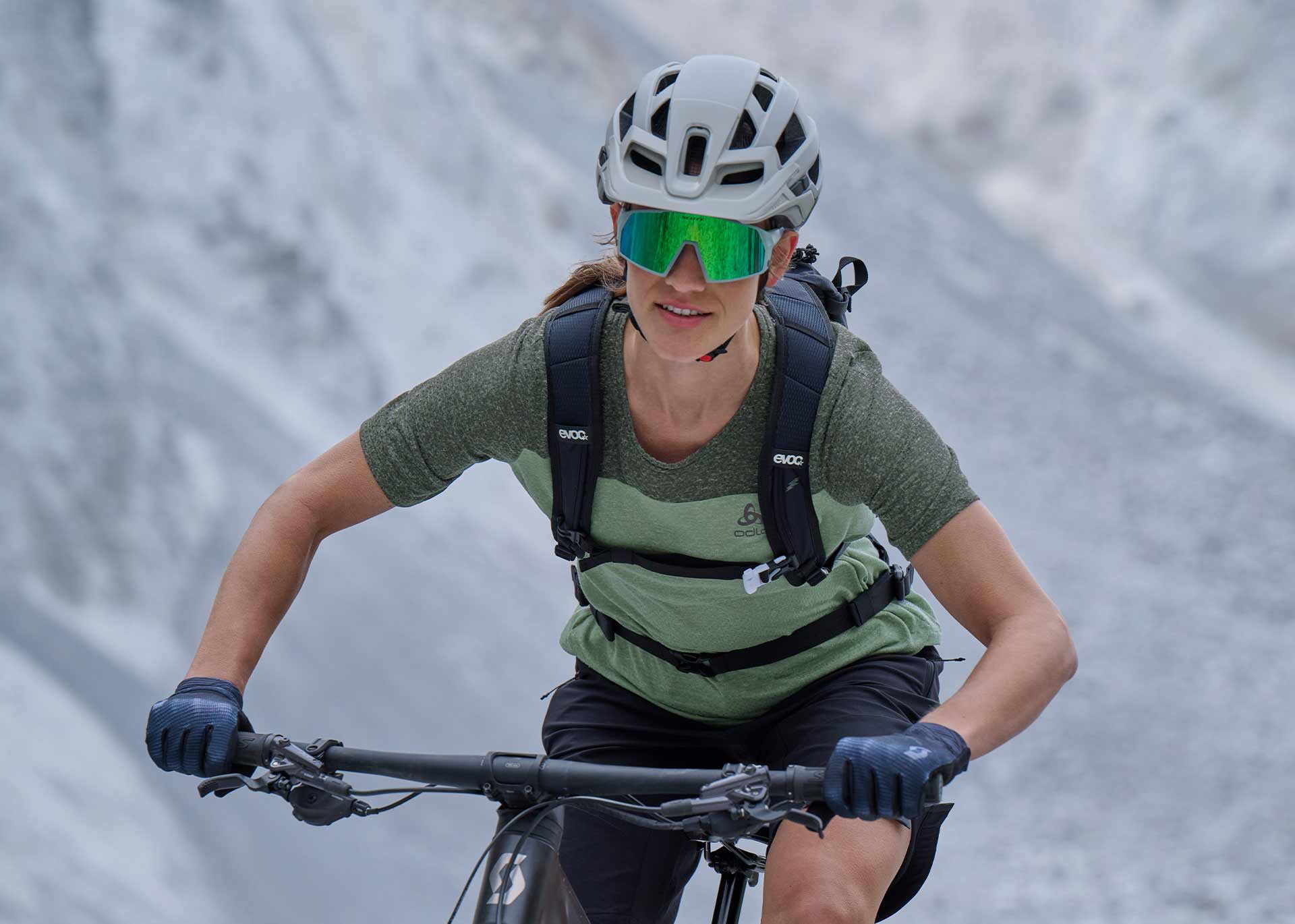 A woman in ODLOS new mountain biking gear