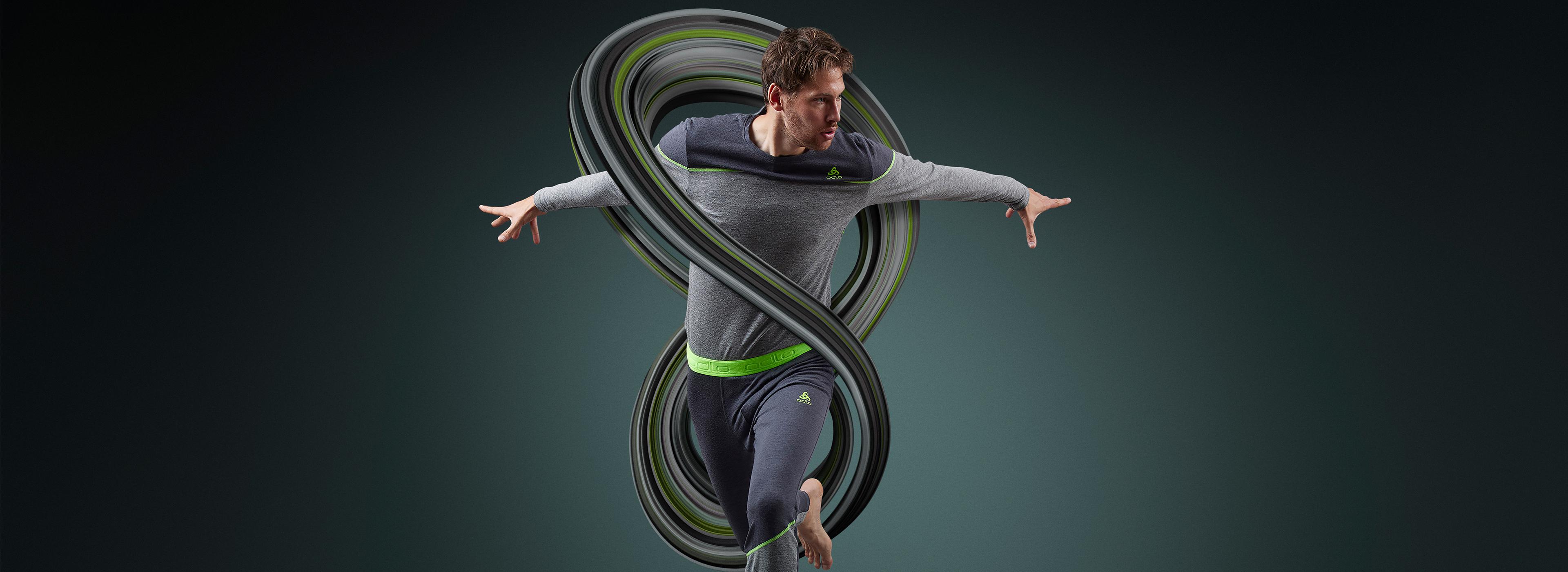 A man wearing a base layer made from performance wool