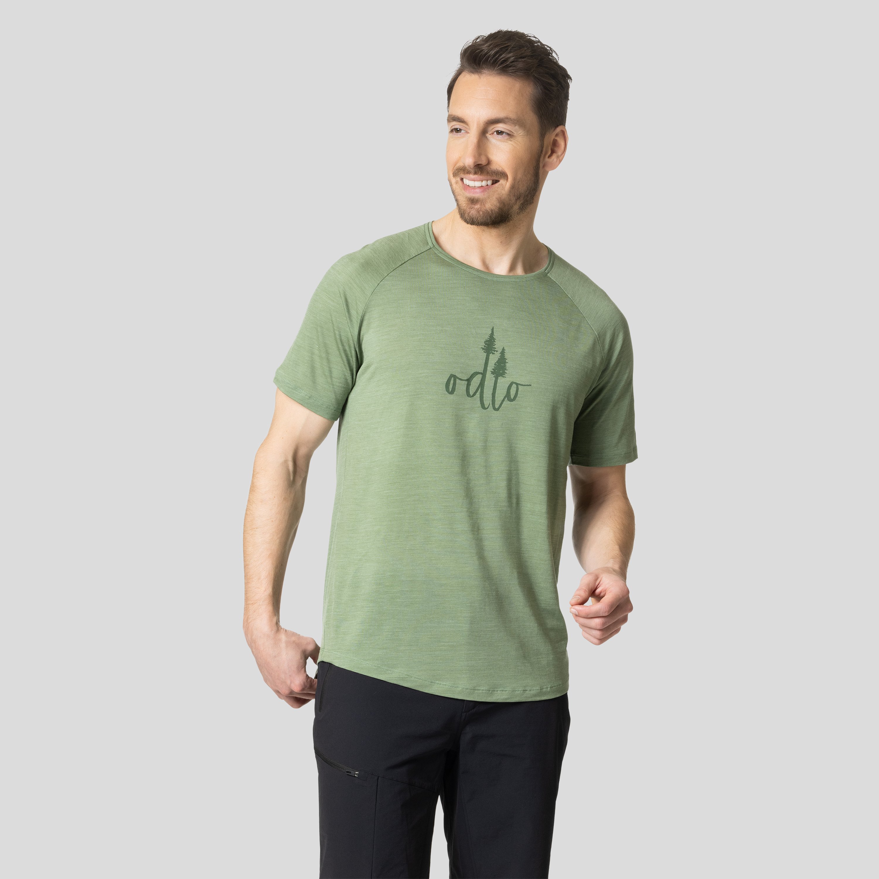 ODLO Ascent Performance Wool 130 T-Shirt mit Baumprint für Herren, S, grün