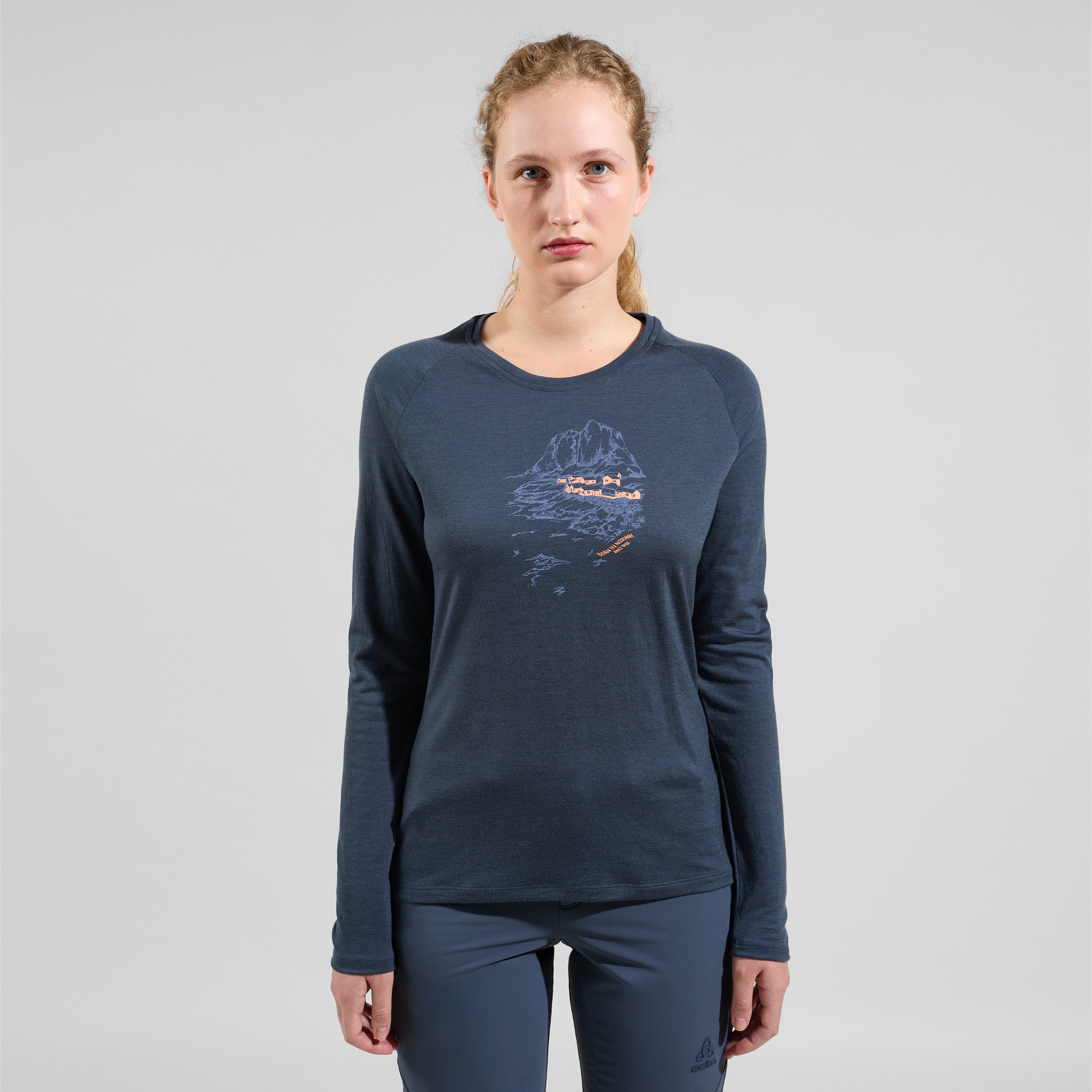 ODLO Ascent 365 Merino 200 Langarmshirt mit Norwegen-Motiv für Damen, M, marineblau