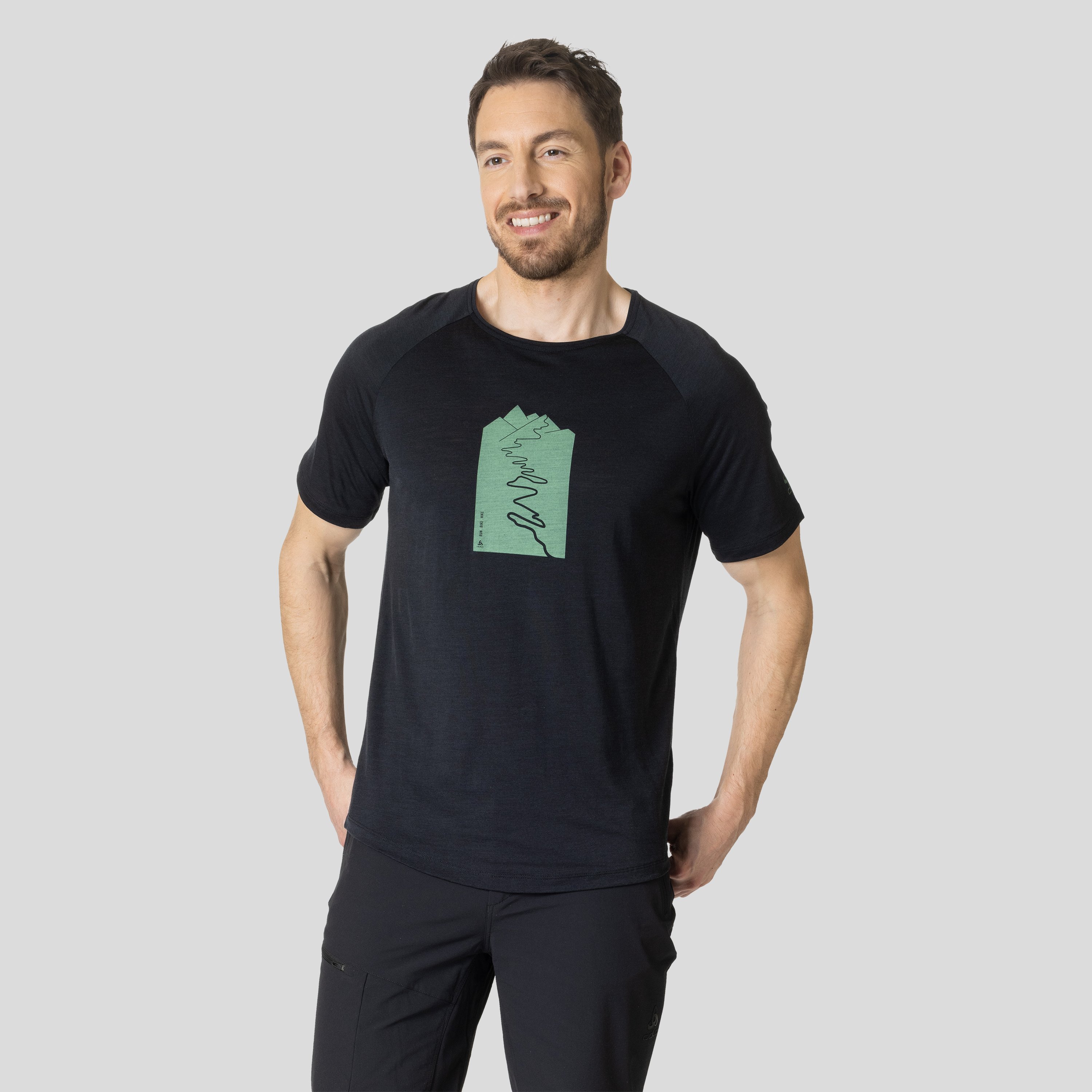 ODLO Ascent Performance Wool 130 T-Shirt mit Trailprint für Herren, XXL, schwarz